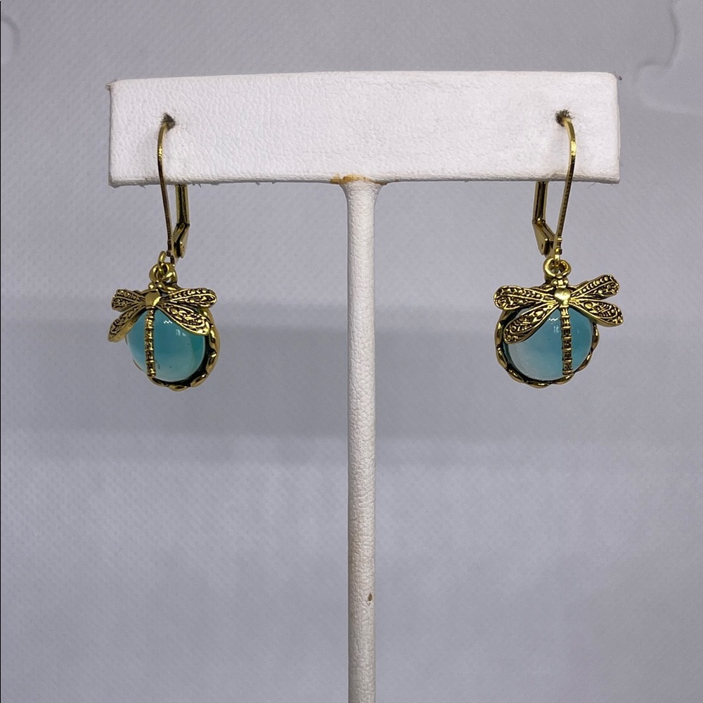 Gold and Turquoise Dragonfly Earrings